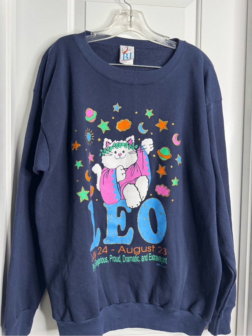 Vintage BJ Designer Leo Blue Cat Astrology Sweatshirt OneSize